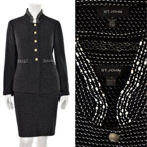 St. John Knits 2Pc Jacket & Skirt Suit in Black/White Stitch sz 12/14